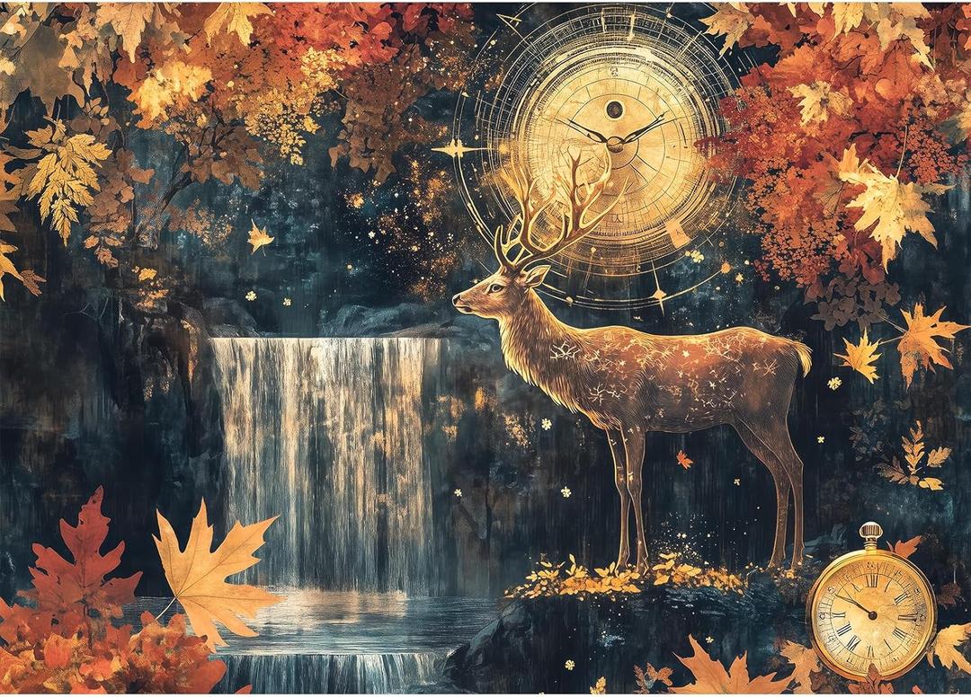 Bgraamiens 1000-Piece Jigsaw – Timeless Stag: Autumn Falls, Exquisite Deer Waterfall Landscape for Adults, Relaxing Nature Gift