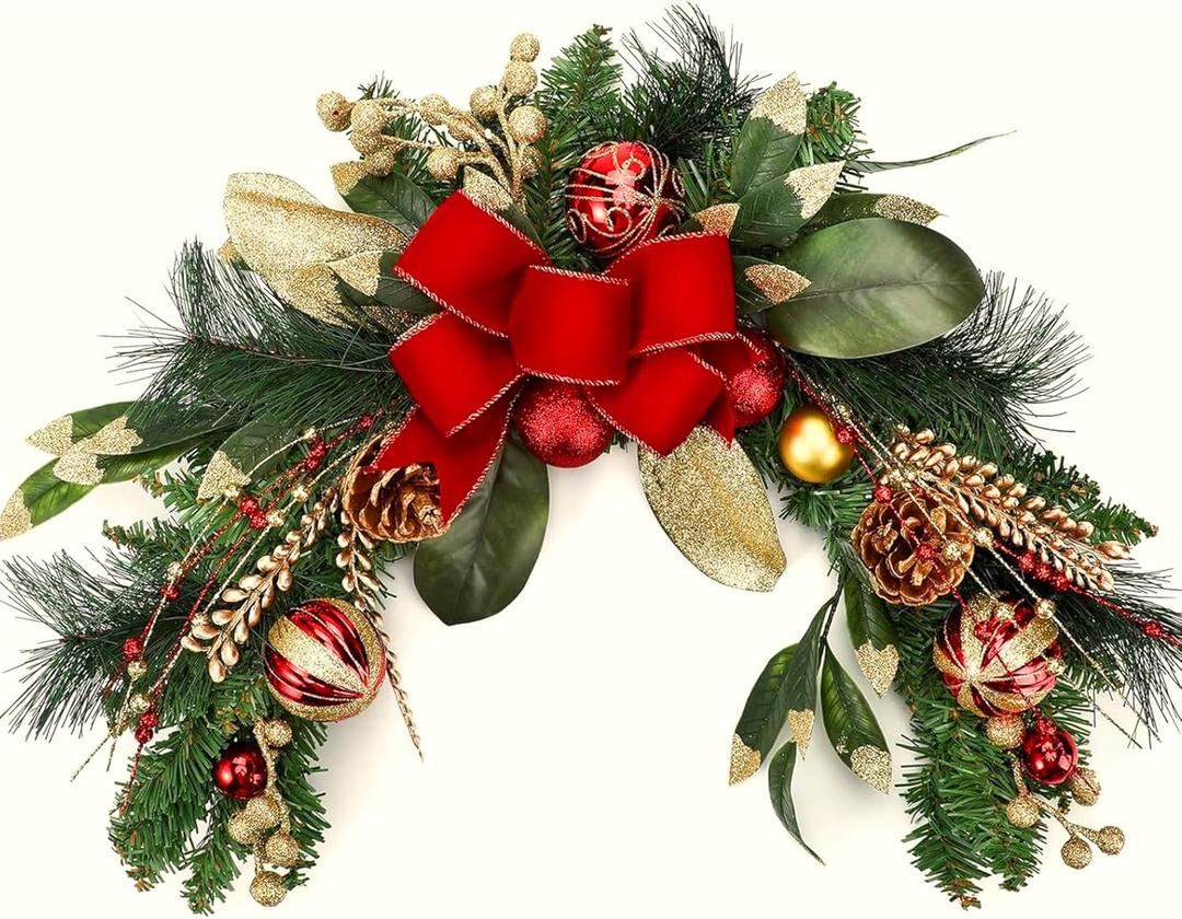 Suncalla 24 Inch Christmas Swag Decoration Christmas Table Centerpiece Artificial Decorative Swag with Berries Pine Cone Red Bow Xmas Balls for Table Fireplace Mantel Front Door Wall Windows Decor