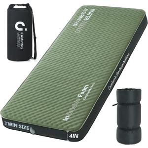 Self Inflating Sleeping Pad,Twin 4in Ultra-Thick Foam Camping Car Mattress with Air Pump Sack, Sleeping Mat for Adults Inflatable Camping Pad Mattress, Bed, Travel, Car, Tent, Home, Army Green