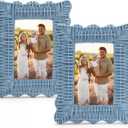 Novabright Set of 2 Handmade Blue Rattan Picture Frames 4'' x 6'' Wavy Edge Boho Photo Frame for Nautical Beach Themed Home Room Office Desk Display Coastal Decoration
