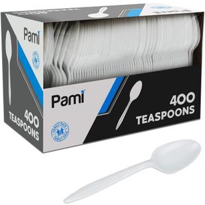 PAMI 400-Pack Medium Weight Disposable Plastic Teaspoons, Bulk Utensils for Parties, Weddings, Catering, Plastic Forks in Bulk  (Teaspoons White)