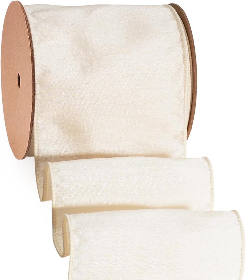 LaRibbons Ivory Ribbon Wired Christmas Dupioni Cream, 4" x 10 Yards | Cream White Dupioni Ribbon for Christmas Tree, Wreaths, Large Bows, Garland, Crafts, Home Decor