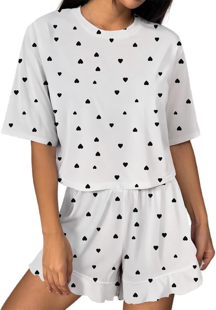 Hilinker Women Cute Pajama Sets Short Sleeve Crop Tops and Shorts Sleepwear 2 Piece Lounge Set White Black Heart Small