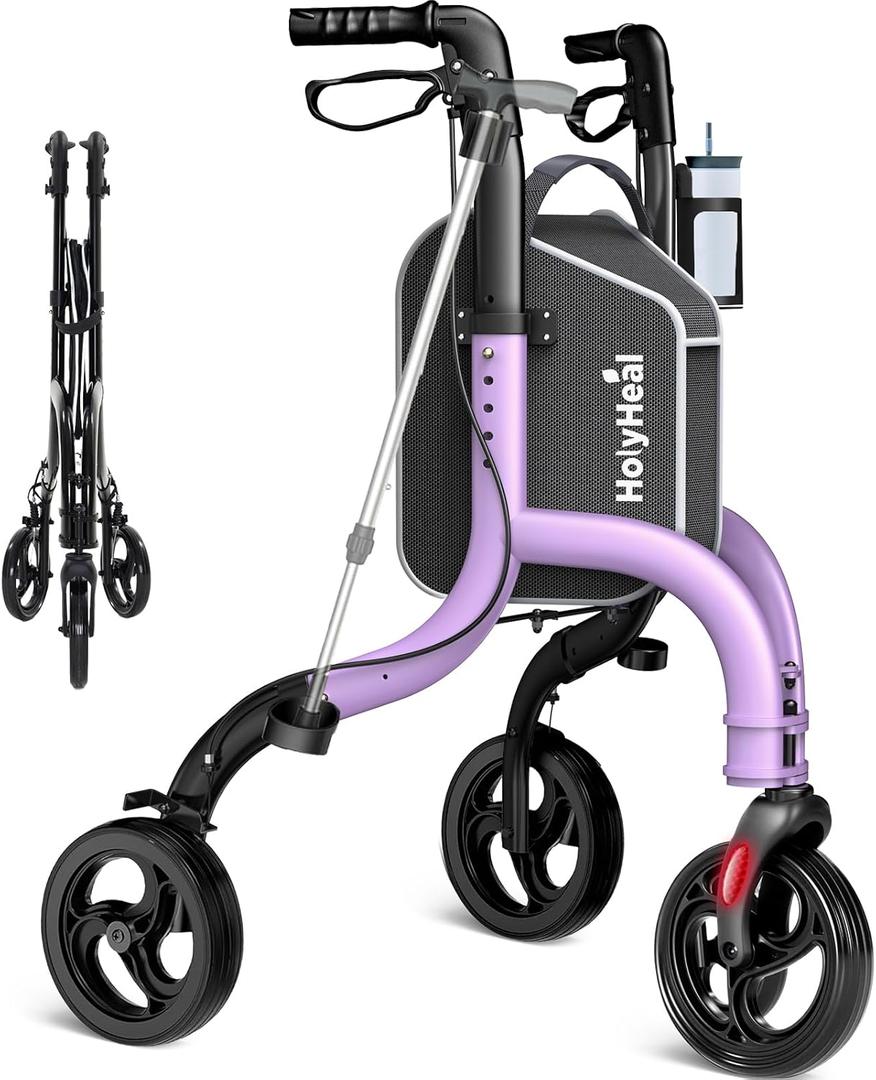 3 Wheel Walkers for Seniors, Lightweight Rollator Walkers Foldable for Elderly with Cane Hold and Cup Hold, Height Adjustable Aluminum Three Wheel Rolling Walker Mobility Aid, Purple