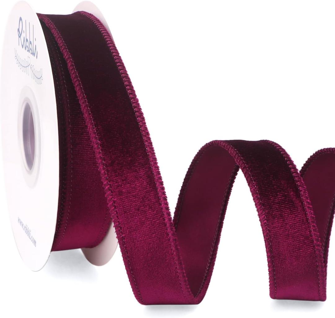 Ribbli Burgundy Velvet Wired Ribbon 1 Inch Velvet with Satin Christmas Ribbon for Gift Wrapping Christmas Tree Decoration Crafts Wreaths Supplies-Continuous 10 Yards