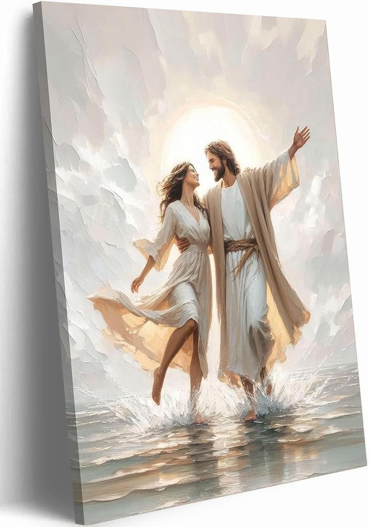 Jesus and Woman Dancing On Water Canvas Wall Art Jesus with Girl Wall Decor Pictures Christian LDS Art poster Prints for Living Room Bedroom Church Home Decorations 16x24in Ready to Hang