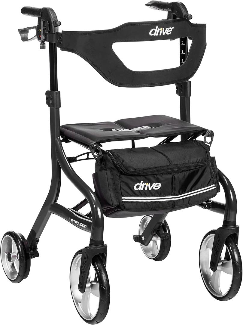Drive Medical Nitro Sprint Foldable Rollator Walker with Seat - Lightweight Support - Large Wheels - Compact Folding Design - Adjustable Comfort - Tall Size - Black