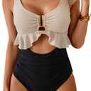 B2prity Womens One Piece Swimsuit Tummy Control Ruffled Bathing Suit V Neck Cutout Swim Suit Tie Back Swimwear (Large, Beige(shine), Black)