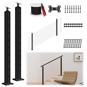 Complete Set 36" Cable Railing Post Kit, Black 25-35° Angle Drilled Stair Railing Post, Invisible Cable Railing System Kit, 1/8" Stainless Steel Cable, 2Pack with Cable Grommets (No Handrail)