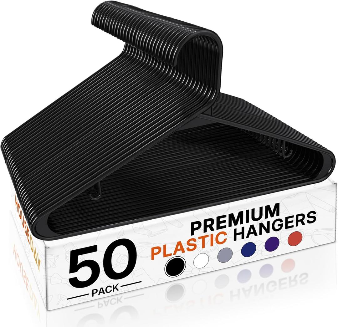 HOUSE DAY Black Plastic Hangers 50 Pack, Plastic Clothes Hangers with Built-in Hooks, Durable and Strong Plastic Coat Hangers for Closet, Space Saving Clothing Hanger for Shirts, Coats, Skirt, Dress
