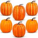 6 Pcs Thanksgiving Fall Large Orange Foam Pumpkins 7.28 Inch Jumbo Faux Foam Pumpkins Decorations Artificial Vegetables Halloween Giant Fake Artificial Decor for Autumn Harvest Home Kitchen