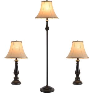 Vintage 3-Piece Table and Floor Lamp Sets with Brown Fabric Shades