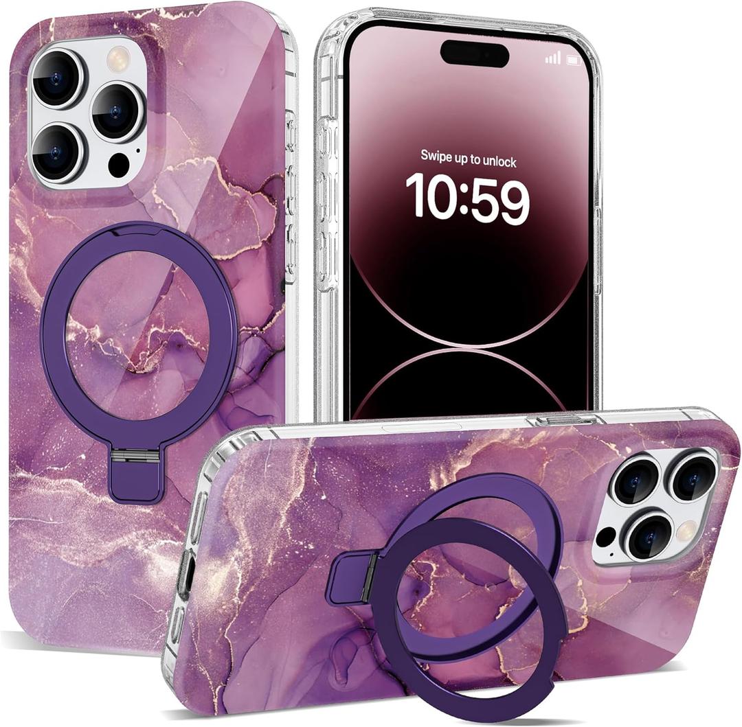 Compatible with iPhone 14 Pro Max Case Marble Pattern with Magnetic Ring Stand [Compatible with Mag-Safe] TPU Protective Phone Case for iPhone 14 Pro Max 6.7", Marble Purple