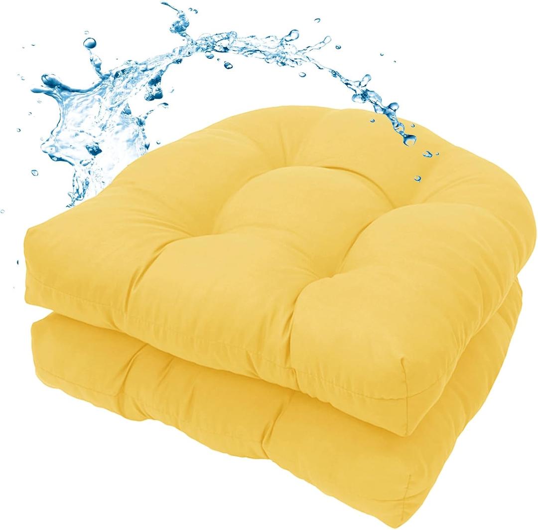 MTMR Outdoor Chair Cushions Set of 2, 19x19 Waterproof Wicker Seat Cushions for Patio Furniture, Tufted Outdoor Replacement Furniture Pad for Porch Lawn Wicker Desk Dining Rocking Chair, Yellow
