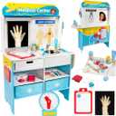 Get Well Doctor Wooden Activity Center- Kids Pretend Play Medical Playset w Waiting Room- 16 Accessories, Dual Sided, Office Checkup Kit w X-Rays, Blood Pressure Cuff- Boys Girls Roleplaying Toy Gift