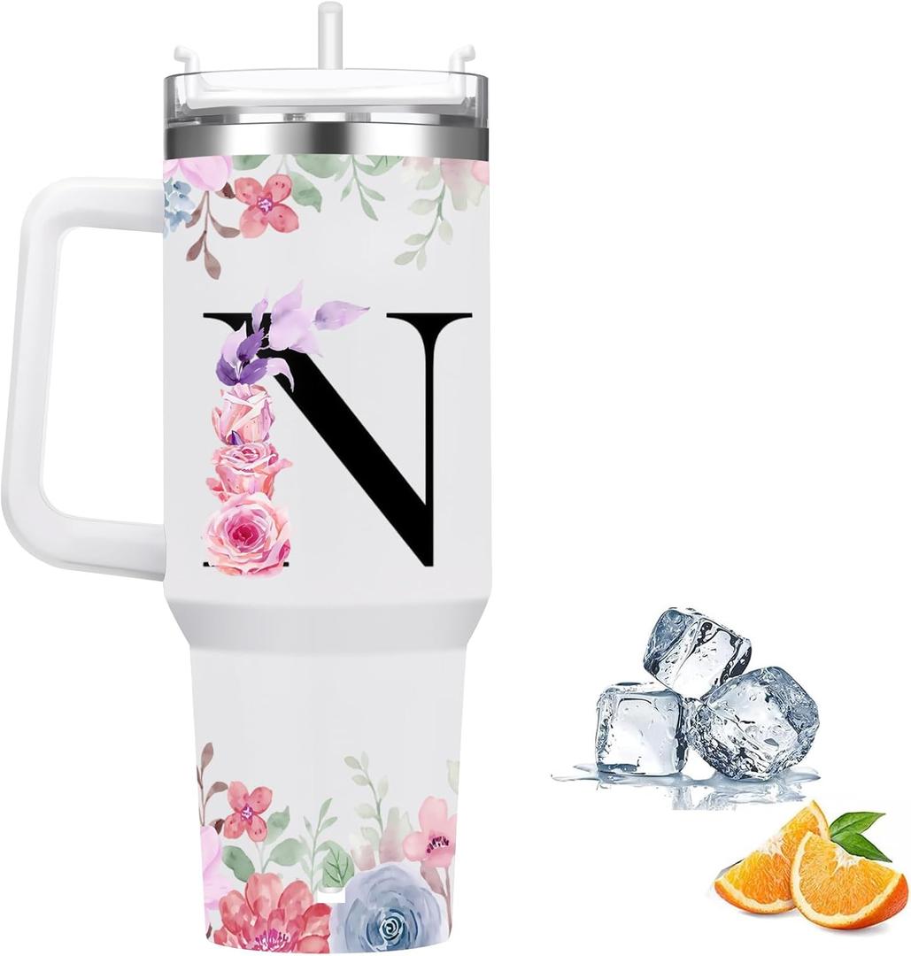 FOLAI Insulated Travel Coffee Mugs, 40oz Steel Water Bottl,Tumbler with Handle and Lid Straw,Thermal Cups for Hot and Cold Drinks Printed with Letters Personalized Unique Gifts for Women and Man(N)
