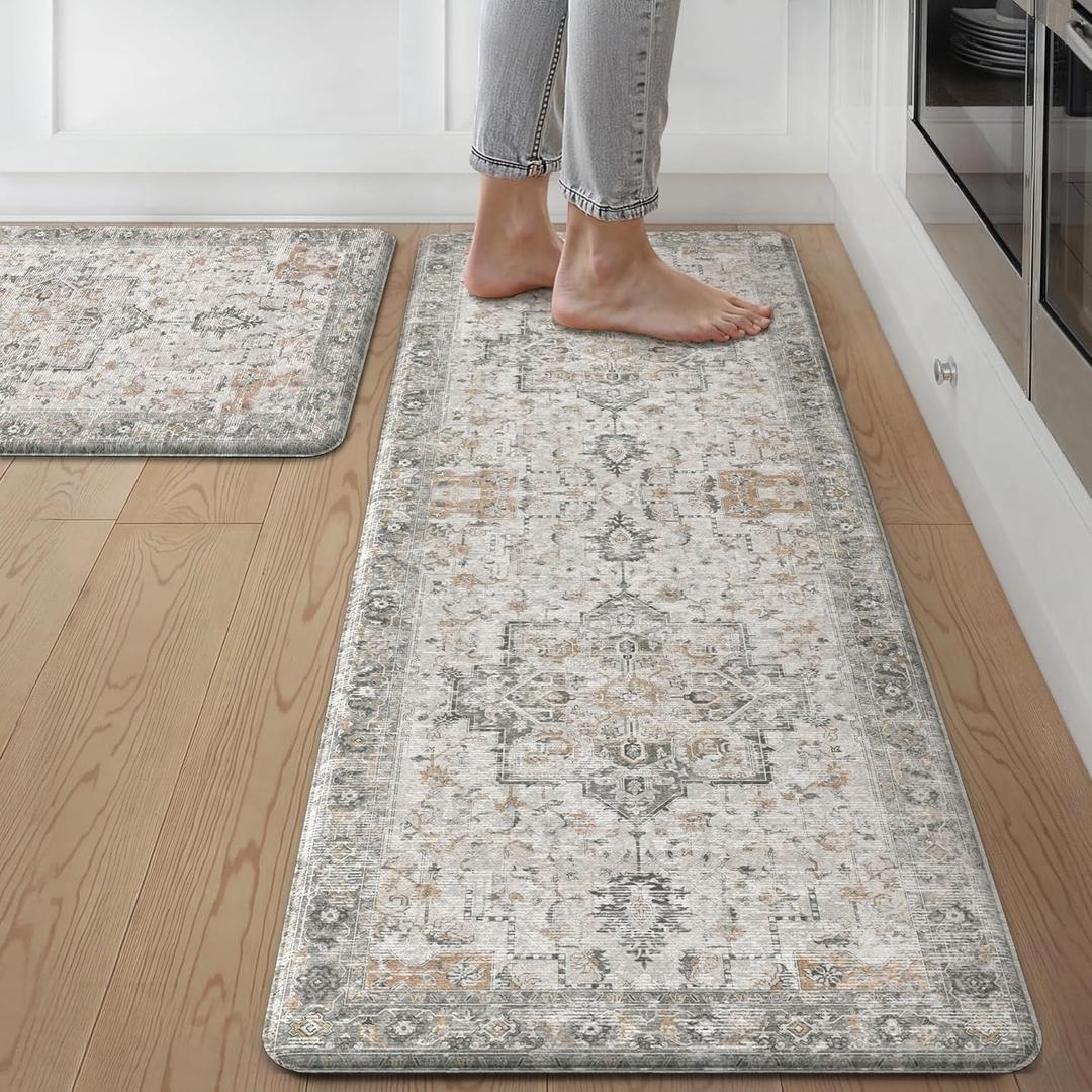 GENIMO Kitchen Mats for Floor 2PCs, Washable Anti Fatigue Mat for Cushioned, 17.3"x47"+17.3"x30", Waterproof Kitchen Rugs, Non Slip Comfort Standing Mat Rug for Home, Sink, Laundry, Light Taupe Brown