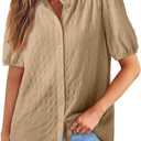 EVALESS Womens Button Down Shirts Cute Short Puff Sleeve V Neck Tops Spring Summer Blouses for Women Dressy Casual (L)