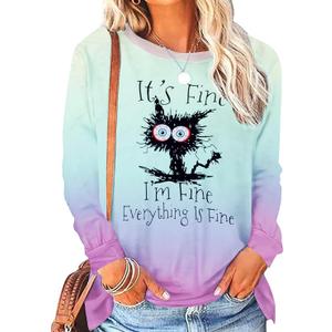 MNLYBABY It's Fine I'm Fine Everything Is Fine Sweatshirt Women Cute Black Cat Tee Tie Dye Cat lover Long Sleeve Top, L
