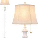 TOBUSA Rustic Vintage White Floor Lamp for Living Room Bedroom, 64inch Traditional Tall Floor Lamp with White Linen Shade, Retro LED Standing Pole Lamp Upright Floor Light for Home Decor, Pull Chain