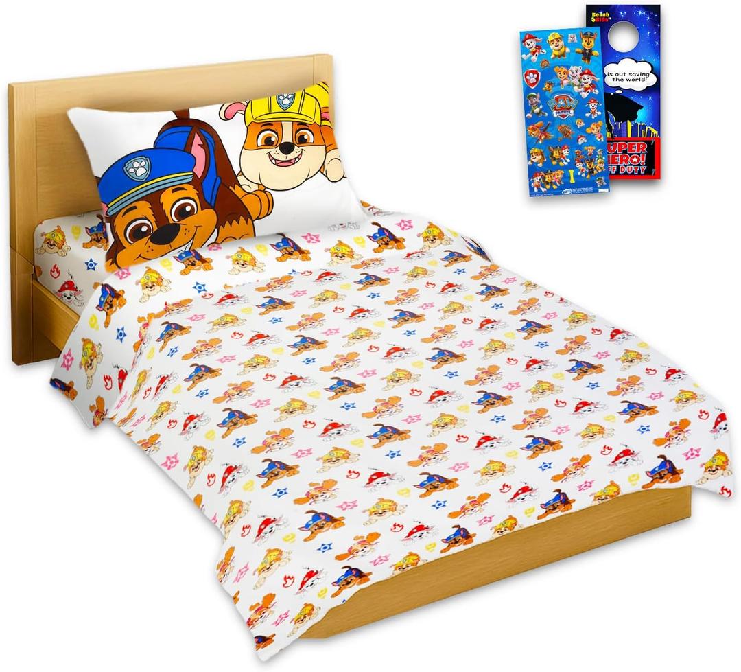 Paw Patrol Sheet Set Puppies Ready - Bundle of Paw Patrol Bedding Including: Flat Sheet, Fitted Sheet, and Pillowcase for Twin Bed Plus Stickers, More for Kids