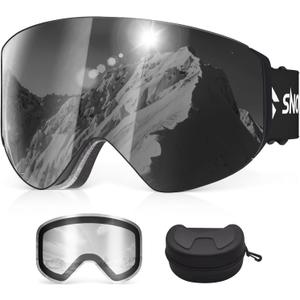 Ski Goggles, Snowboard Goggles with 2 UV400 Anti-Fog Detachable Magnet Lenses for Men & Women Adult, Ver.2 Black(vlt 11.6%) + Clear (Vlt 83.5%)