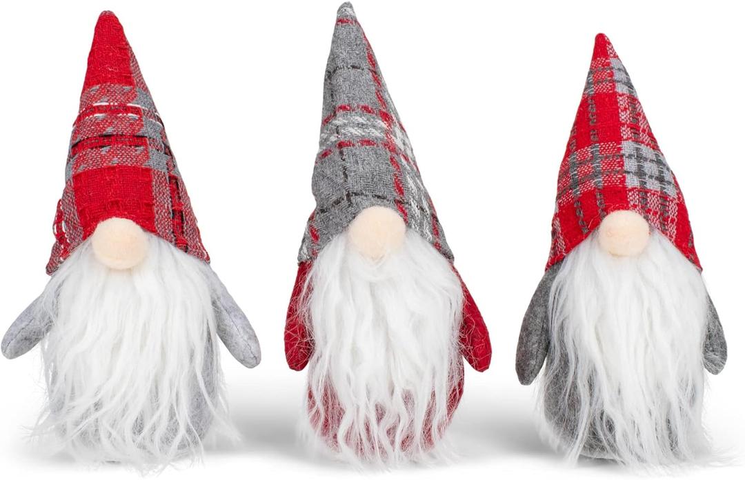 Napco Grey Red Plaid Gnome 8.25 x 4 Plush Fabric Hanging Christmas Ornament Set of 3