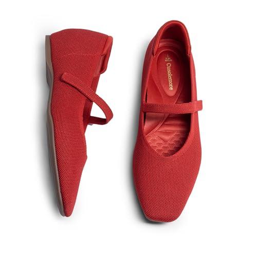 Cusolemore Women's Mary Jane Flat Shoes with Arch Support and Concealed Low Wedge Heel, Red Flats for Women,Square Toe Ballet Flats, Comfortable Knit Dress Shoe Size 9.5