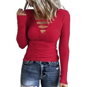 Ryaiwi Sexy Long Sleeve Shirts for Women, Ribbed Casual Tops for Women Stretchy Slim Fit Basic Criss Cross Tshirts Blouses XXL