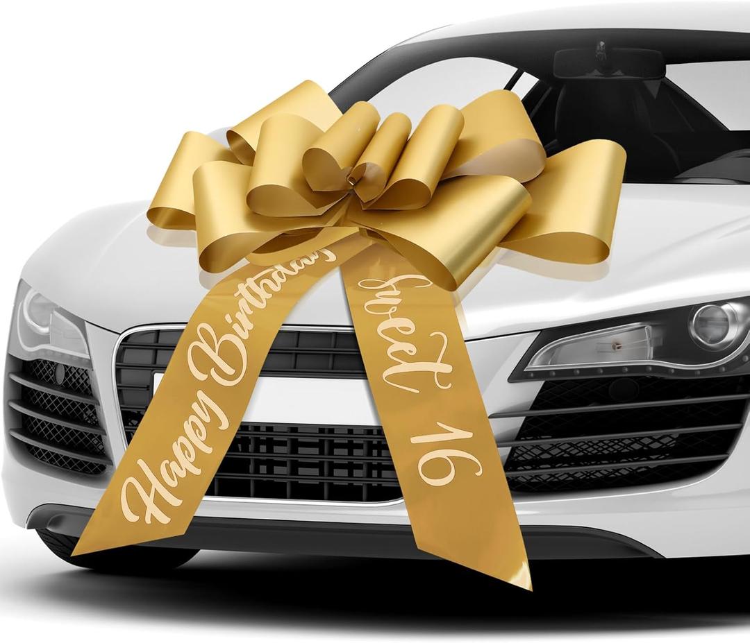 Wonderjune 30 Inch Big Car Bow - Giant Sweet 16 Birthday Bow Gift Wrapping Decoration for Surprise Party, Birthday Decorations(Gold)