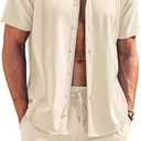 COOFANDY Men's 2 Piece Short Set Cuban Guayabera Shirts Short Sleeve Casual Beach Outfits Set (Khaki, L)