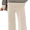 ETCYY NEW Womens Elegant Lounge Sets Knitted Sweatsuit Sets 2 Piece Outfits with Sweater Tops and Wide Leg Sweatpants (Small, 115striped Beige)