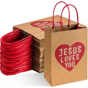 Sherr 24 Pcs Jesus Loves You Christian Gift Bags Bulk with Handle Religious Scripture Bible Verse Goodie Bag for First Communion Baptism Church Party Favor