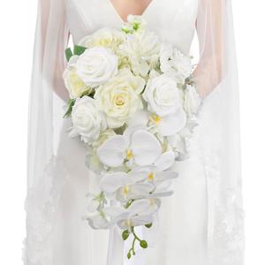 Rinlong 11" Wide White Orchid Cascading Wedding Bouquet - Real Touch Silk Cascade Bridal Bouquet