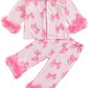 Toddler Baby Girl Satin Pajamas Set Fuzzy Trim Button Down Sleep Shirt Top Pants Bottoms Sleepwear Loungewear Set (5-6 Years)