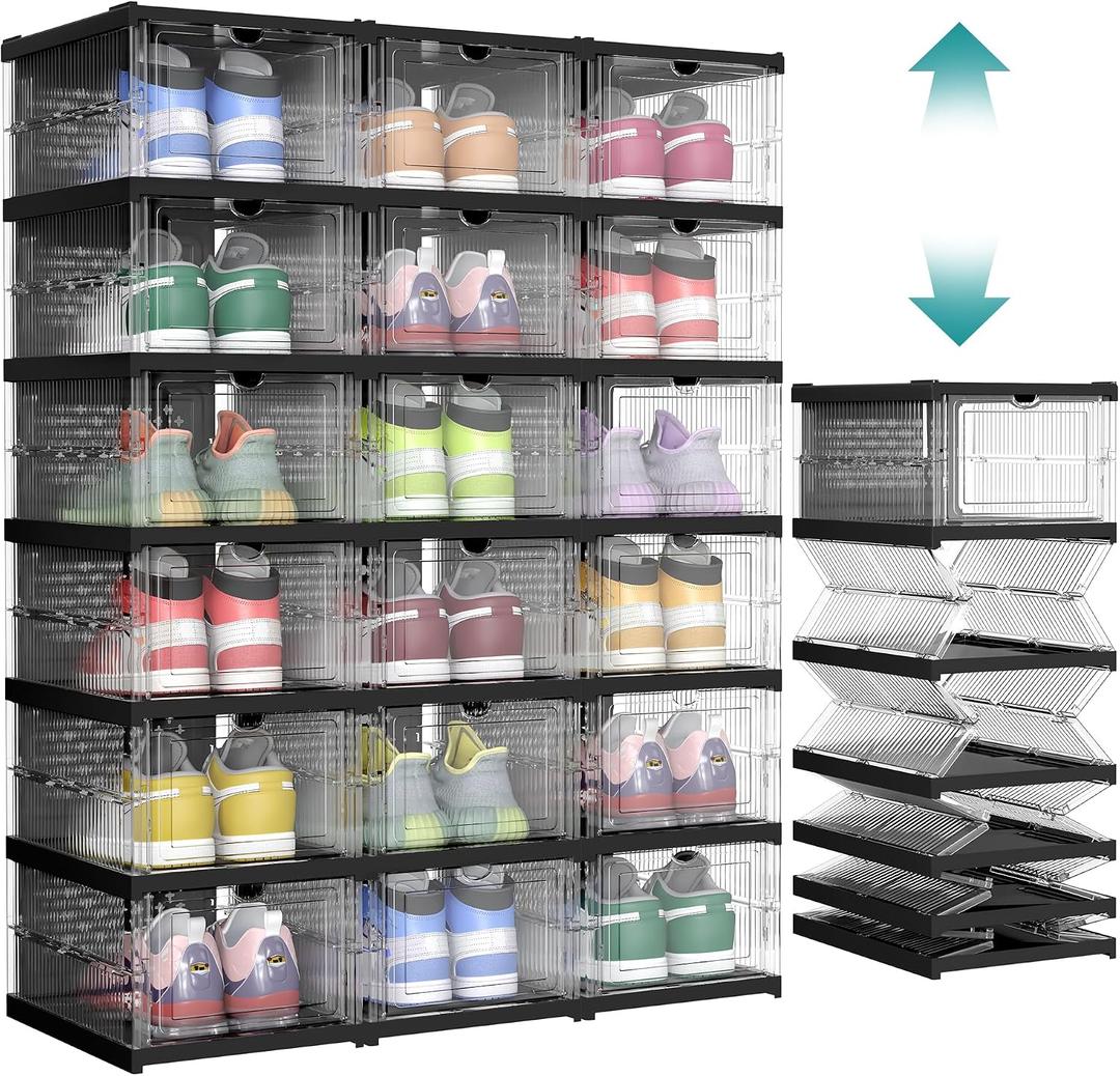 SONGMICS Foldable Shoe Boxes, Pack of 18 Stackable Shoe Storage Organizer, Set of 3 Integraed Shoe Cabinets, Portable, Fit up to US size 13, 60s Assembly, Transparent and Ink Black ULSP207B01