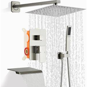 Brushed Nickel Rainfall Shower Head 8 Inch Set Faucet with Tub Spout and Handle System Square Wall Mount for Bathroom