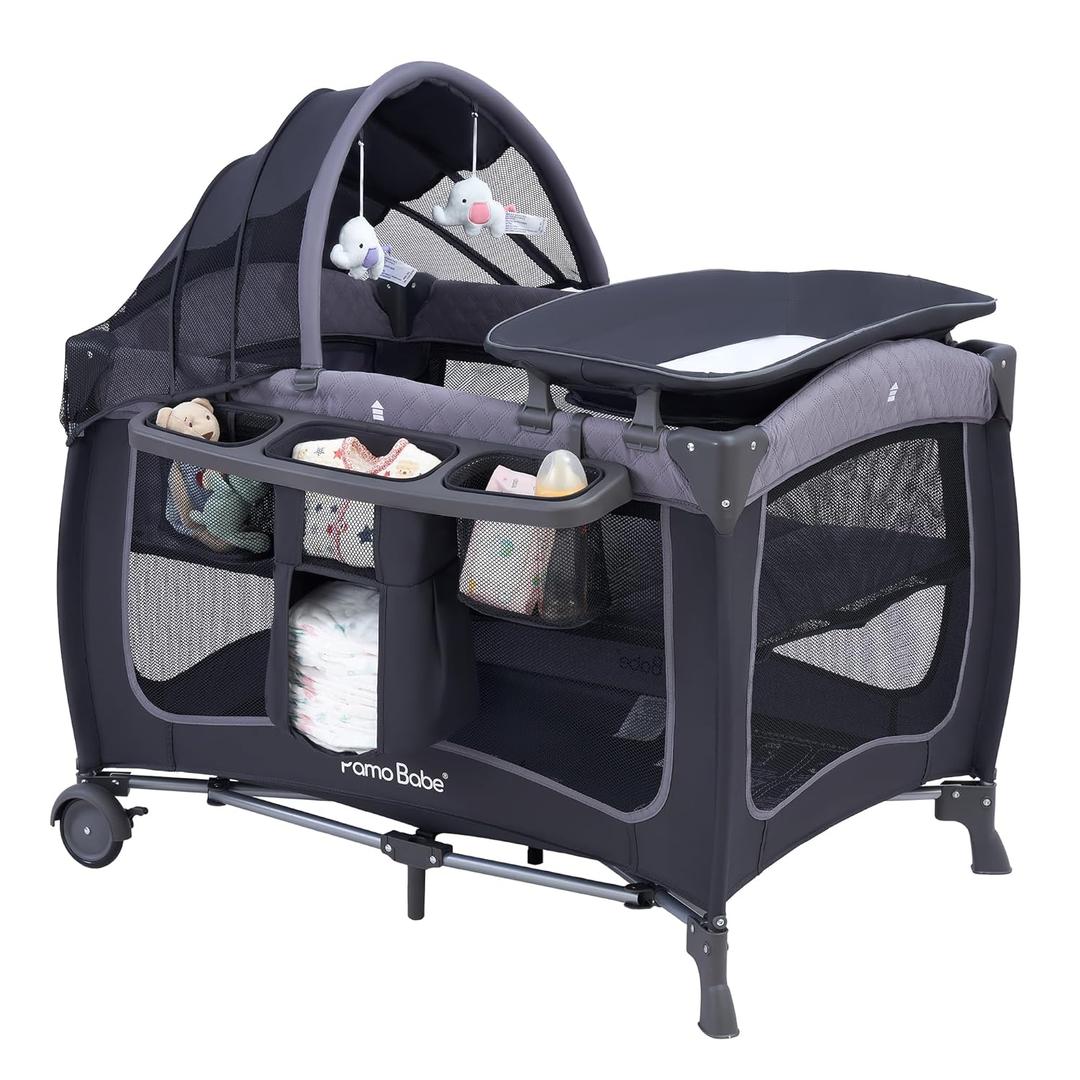 Pamo Babe Baby Playard with Canopy, Portable Crib with Changing Table (Lightgrey)