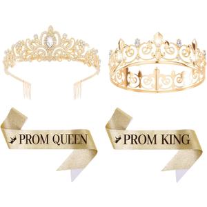 Prom King and Queen Crown Set with Sashes, Prom King and Queen Sash and Tiara Set, Party Costume Accessories for Women Men Birthday Halloween Graduation Wedding
