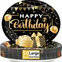 50PCS Black and Gold Birthday Oval Paper Plates 11inch Large Black Party Decorations Platters, Happy Birthday Party Heavy Duty Dish Tray for Men Women Gathering BBQ Dinner Tableware Supplies