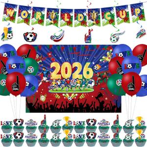 50 Pcs Party Decorations, Soccer Theme Party Supplies Includes Background Cloth, Banner, Hanging Swirls, Cupcake Toppers, Balloons for Sports Birthday Party, Soccer Decor