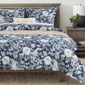 DAUAOTO King Size Patterned Duvet Cover Set - 104"x90" Cover + 2 Shams, 100% Cotton Printed Bedding Sets, Dark Garden Pattern, Bloom Floral Blue