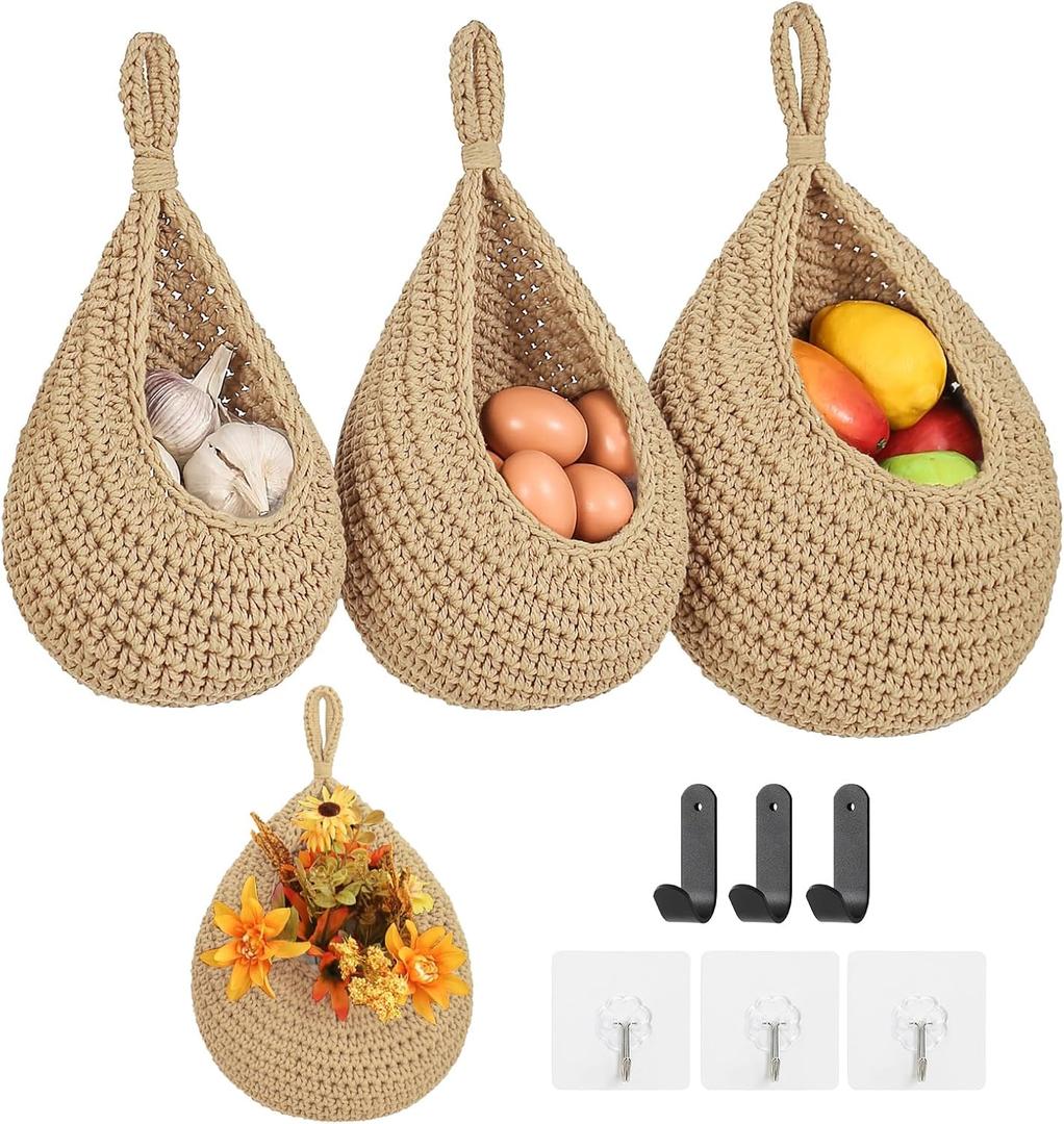 Boho Wall Hanging Fruit Baskets for Kitchen 3 Pack Woven Produce Holder with 6 Pcs Strong Hooks Vegetable Hanging Basket for Organizing Teardrop Home Wall Potato Onion Storage, Linen
