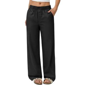 COPYLEAF Linen Pants Women Wide Leg Elastic Waist Flowy Palazzo Casual Pants with Pockets Beach Travel Trousers (Black) M