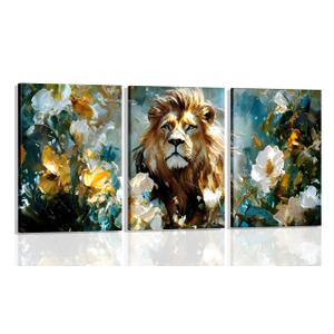 3Pcs Framed Lion Floral Canvas Wall Art Regal Lion Focus Creamy White Golden Blooms Teal Green Backdrop Artistic Blend Nature Paintings Prints Posters Pictures Wall Decor Living Room Decoration (12x16)