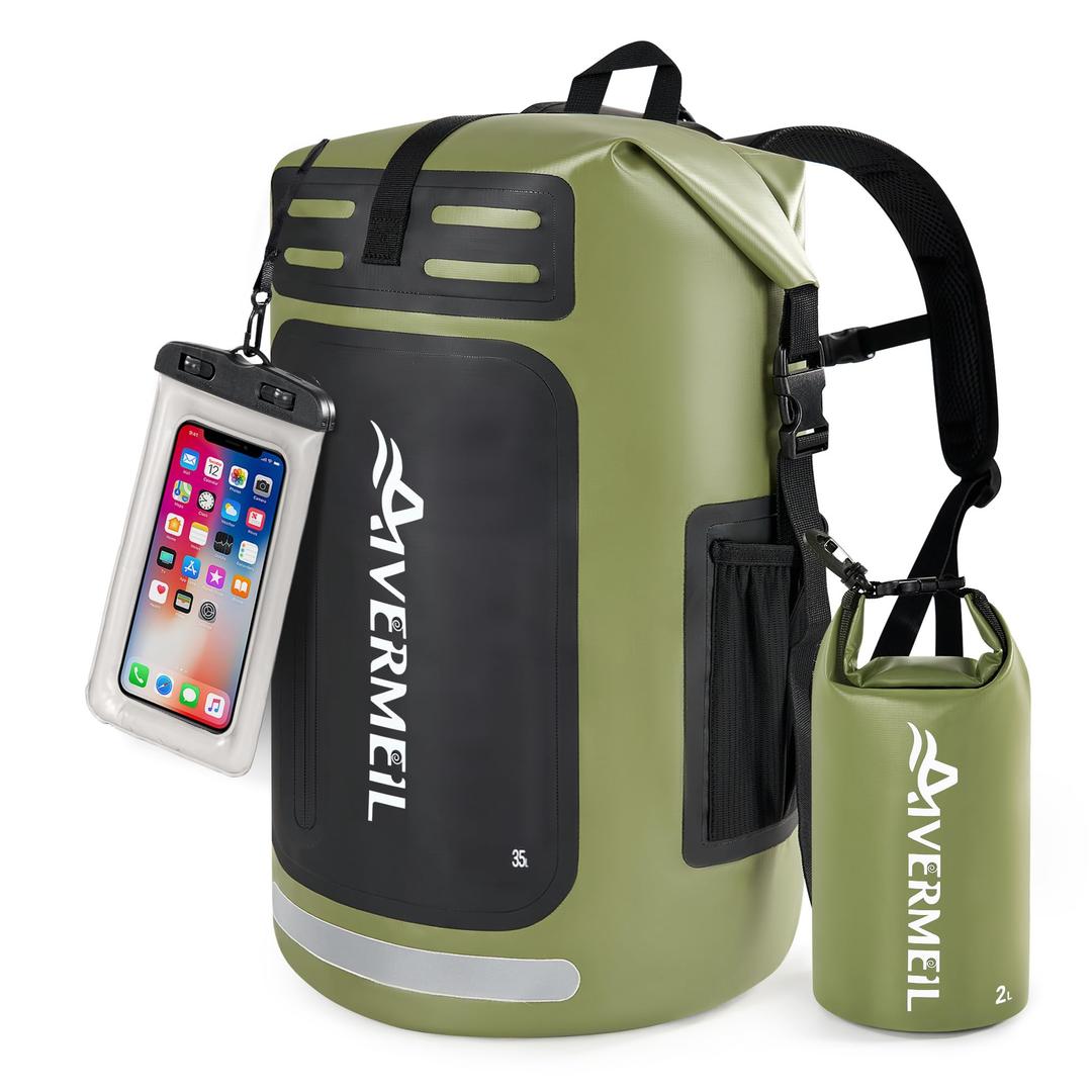 Zelurelle Dry Bag Waterproof Backpack 35L for Men & Women Roll-Top Hiking Backpack with IPX8 Waterproof Phone Case & Detachable Mini Backpacks for Kayaking Boating Cushioned Padded Back Green