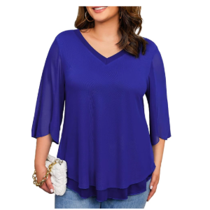 Plus Size Blouses for Women Ruffle 3/4 Sleeve Tops V Neck Casual Elegant Womens Tunic Top Mesh Loose Shirts, Size XL