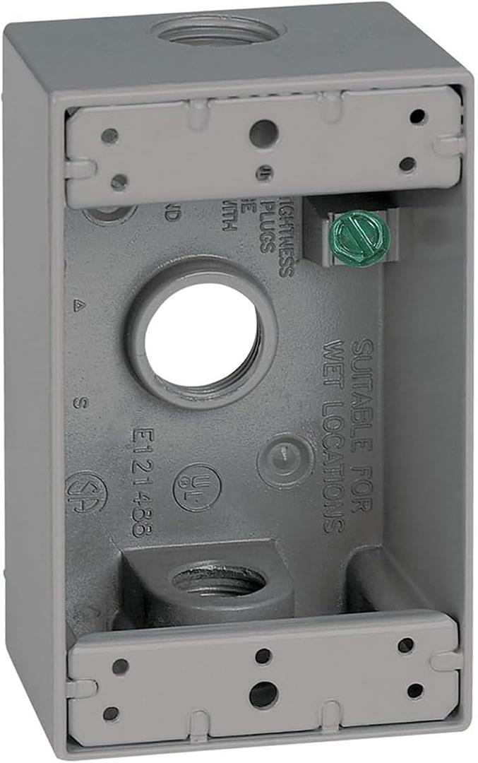 14250 Metal Electrical Outlet Box, Weatherproof, Easy Mount Plug and Receptacle Protector, Gray, (3) 1/2-Inch Holes, 1 Gang Box