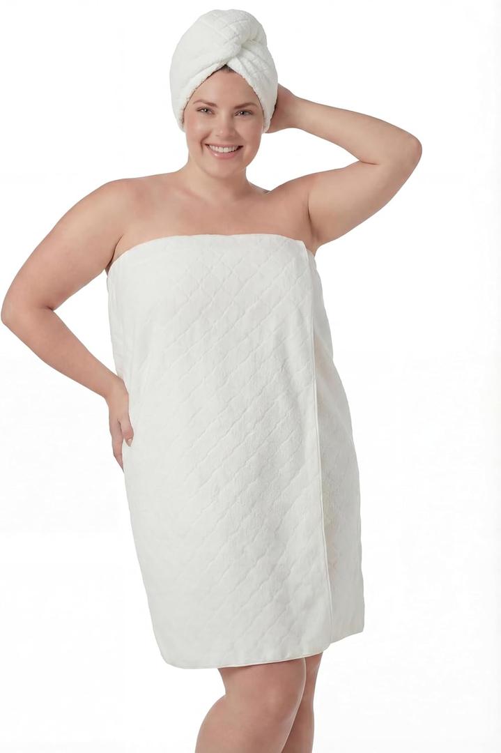 Towel Wrap for Women Plus Size (XL-2XL) with Hair Towel Wrap, Microfiber Bath Wrap Soft & Comfortable Absorb Water Body Wrap Oversized Button Design, White