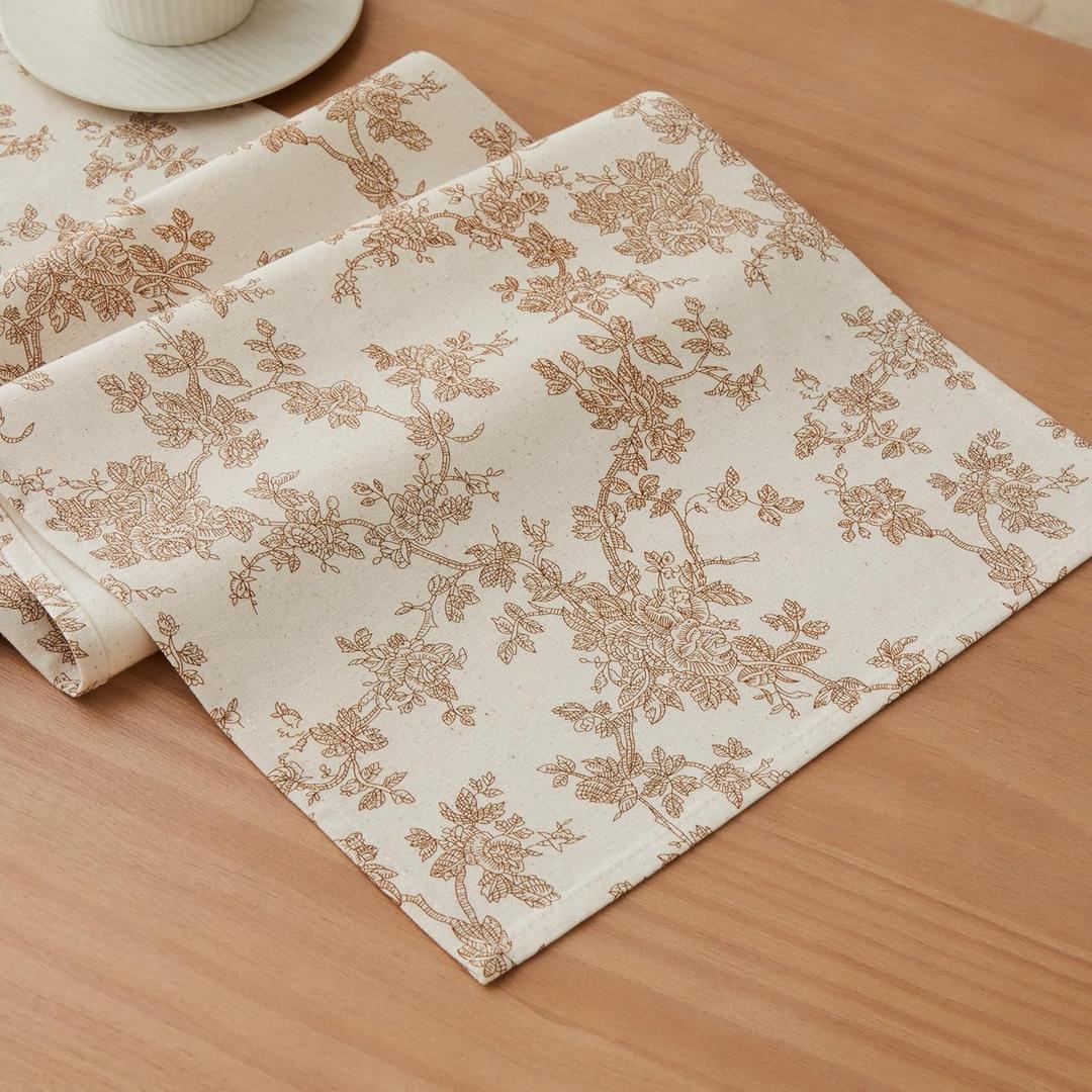 YZJZEDS 100% Cotton French Pastoral Table Runners, 13x60 Inch Brown Farmhouse Table Runners 60 Inches Long, Vintage Flowers Print Home Decors